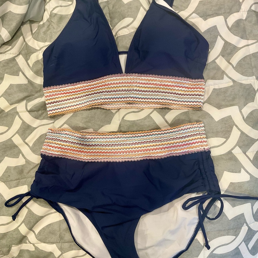 Navy Women's Bikini Set with Multicolor Smocked Waistband